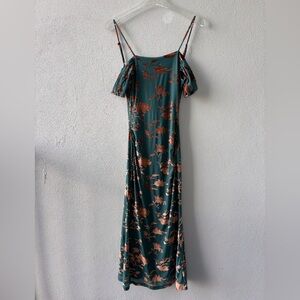 Merokeety Midi Small Spaghetti Strap Off Shoulder Dress Teal Copper Floral Motif